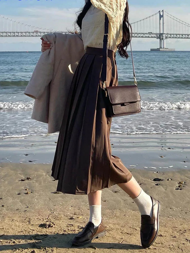 Brown Summer Korean Fashion High Waist Midi Elegant A-Line Skirts