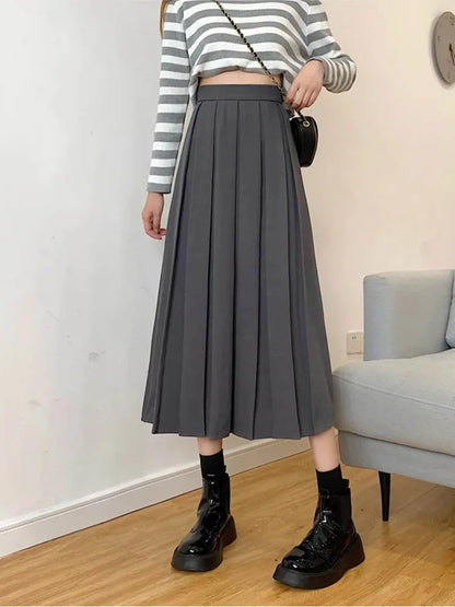 Brown Summer Korean Fashion High Waist Midi Elegant A-Line Skirts