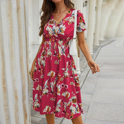 Floral Printed Elastic Waist Midi Dress