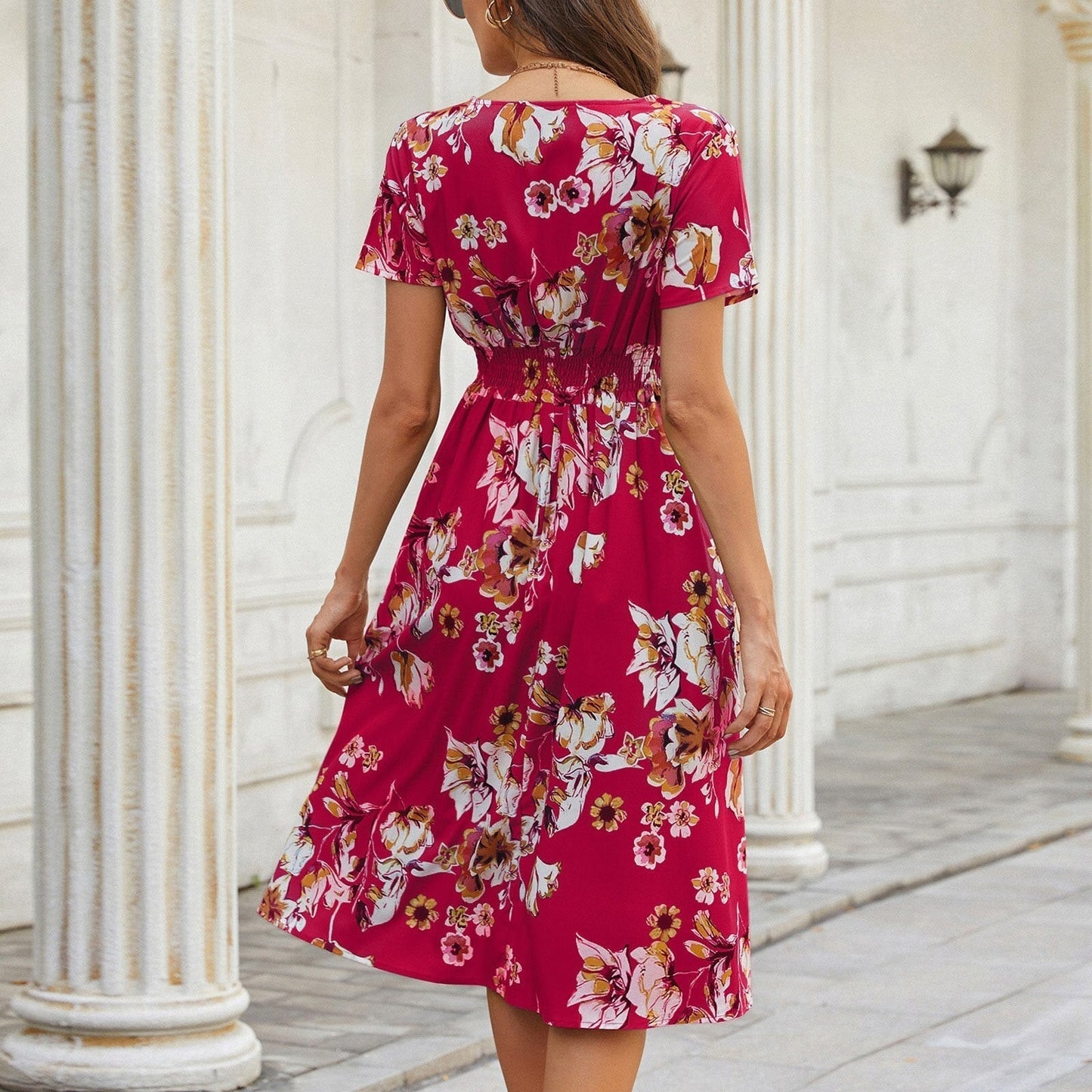 Floral Printed Elastic Waist Midi Dress