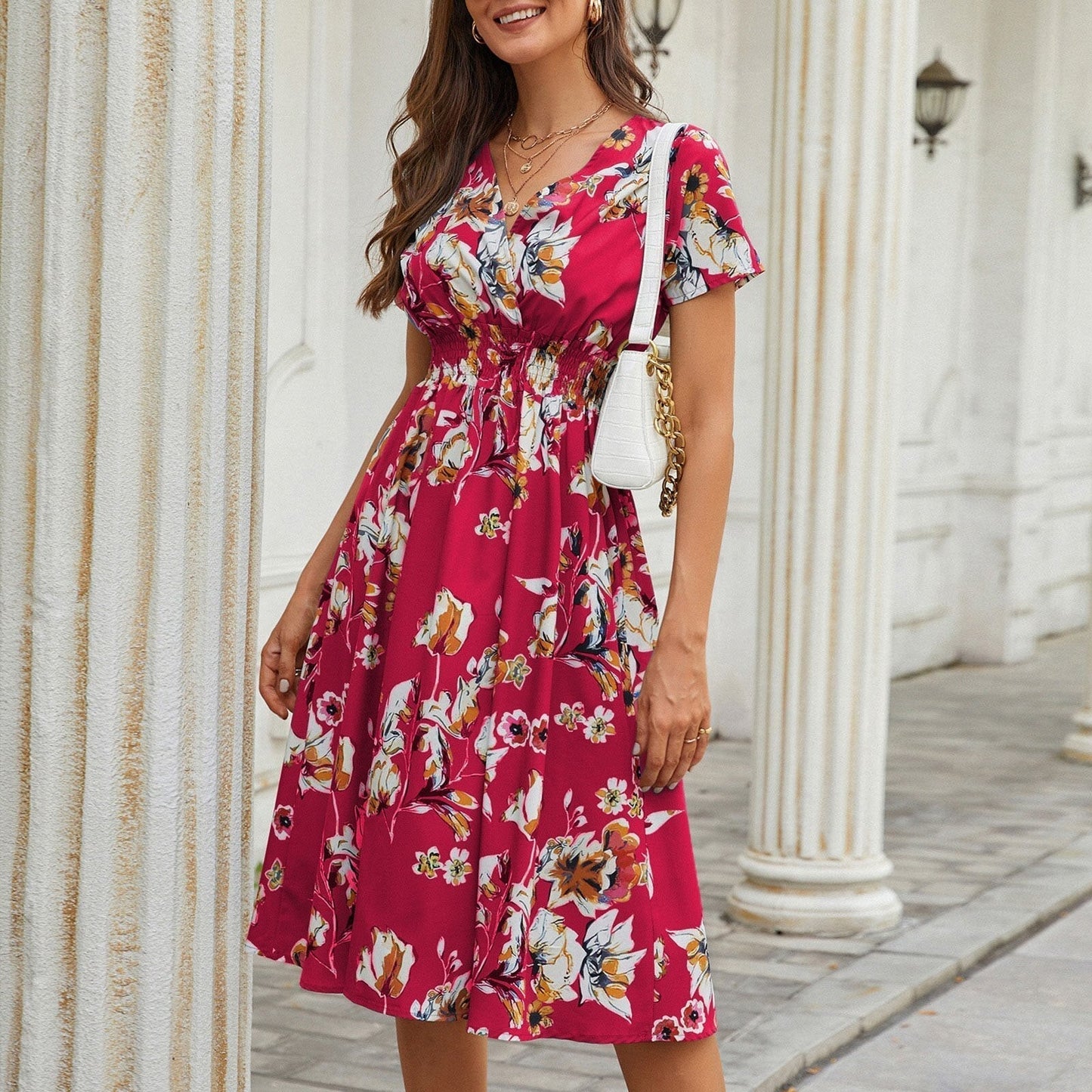 Floral Printed Elastic Waist Midi Dress