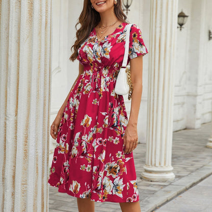 Floral Printed Elastic Waist Midi Dress