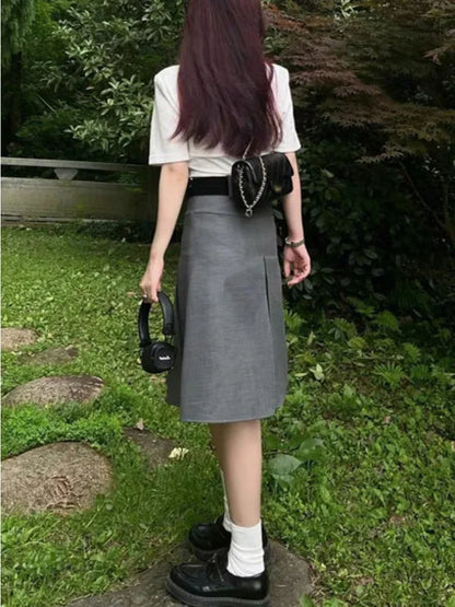 Solid Waist Preppy Style Pleated Street Casual Loose Skirts