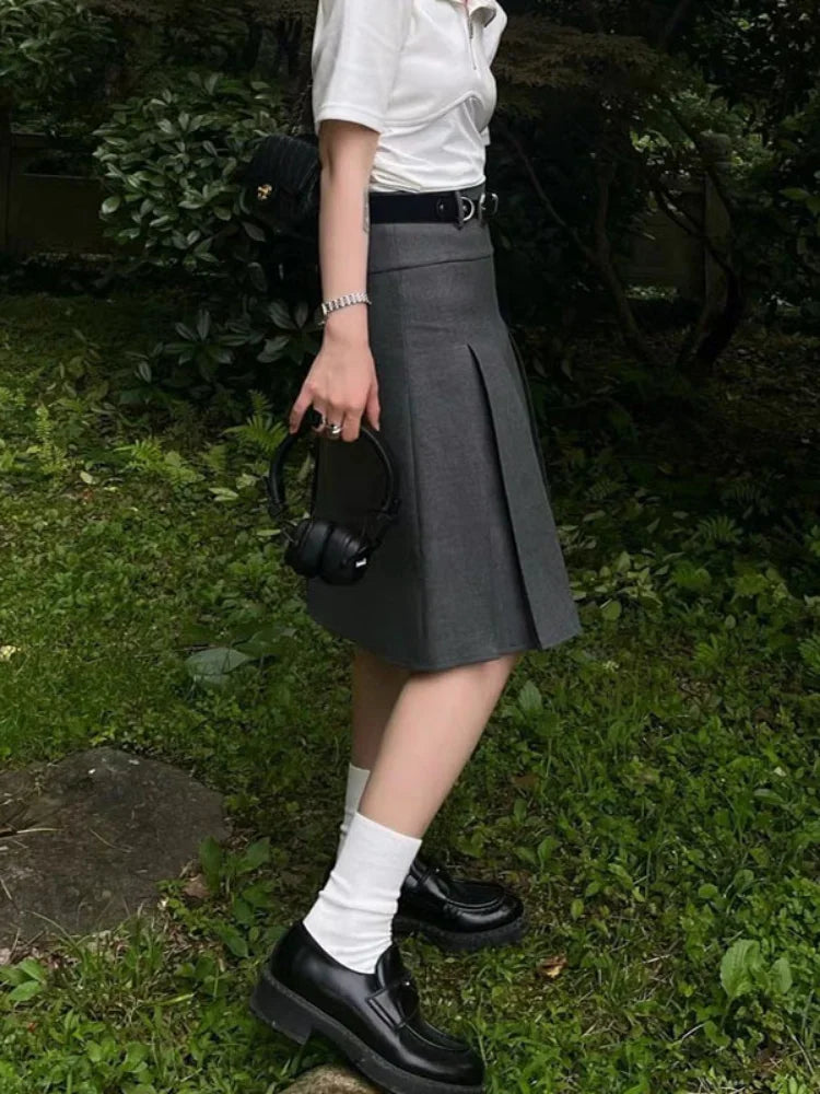 Solid Waist Preppy Style Pleated Street Casual Loose Skirts