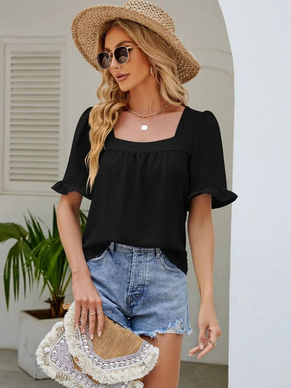 Square Collar Pleated Sleeve Tee