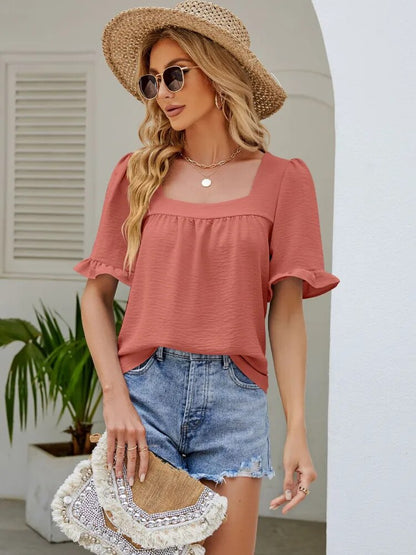 Square Collar Pleated Sleeve Tee