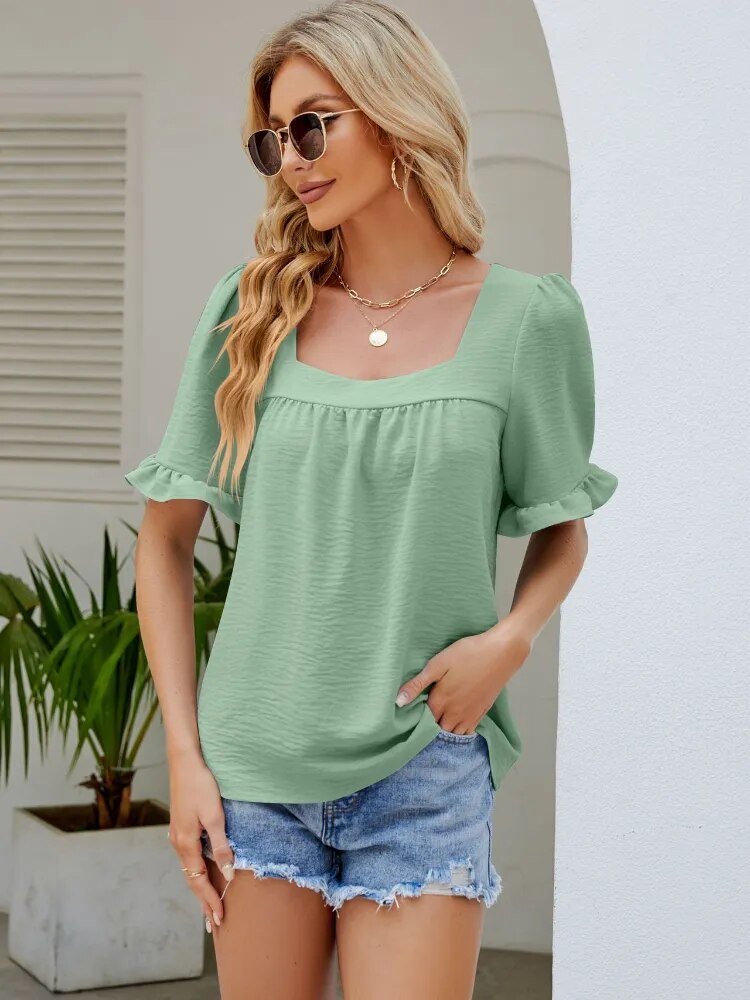 Square Collar Pleated Sleeve Tee