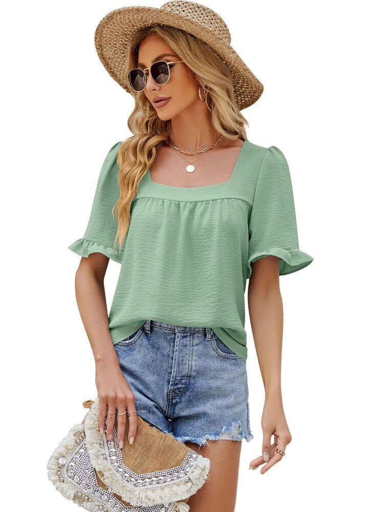 Square Collar Pleated Sleeve Tee