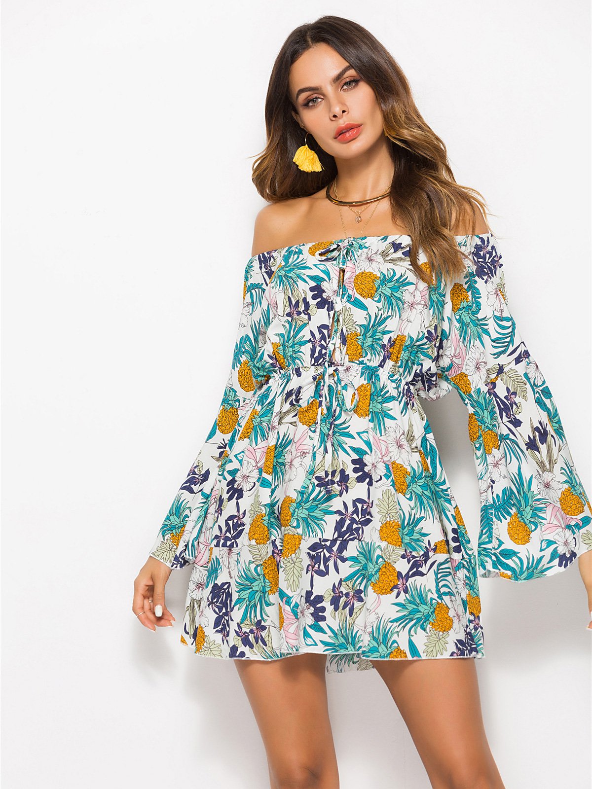 Summer Feels Pineapple Print Floral Mini Dress