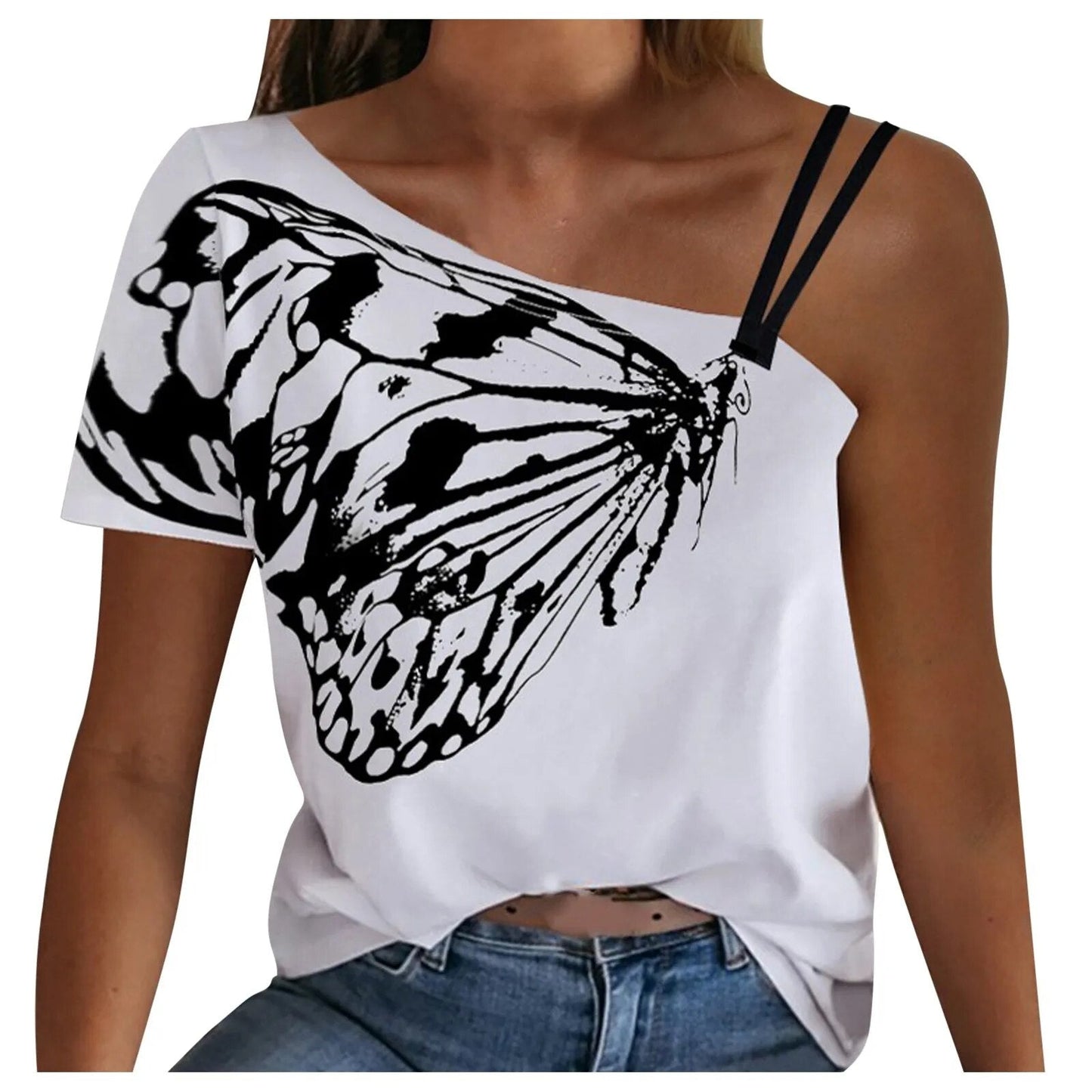 Butterfly Print One-Shoulder Tee