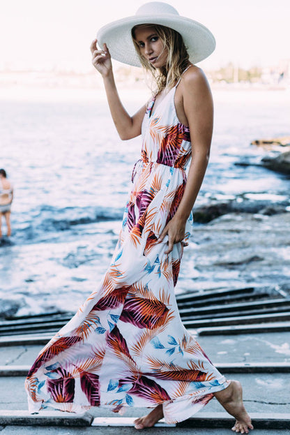 Summer Vacay Palm Leaf Print Plunging Neck Maxi Dress