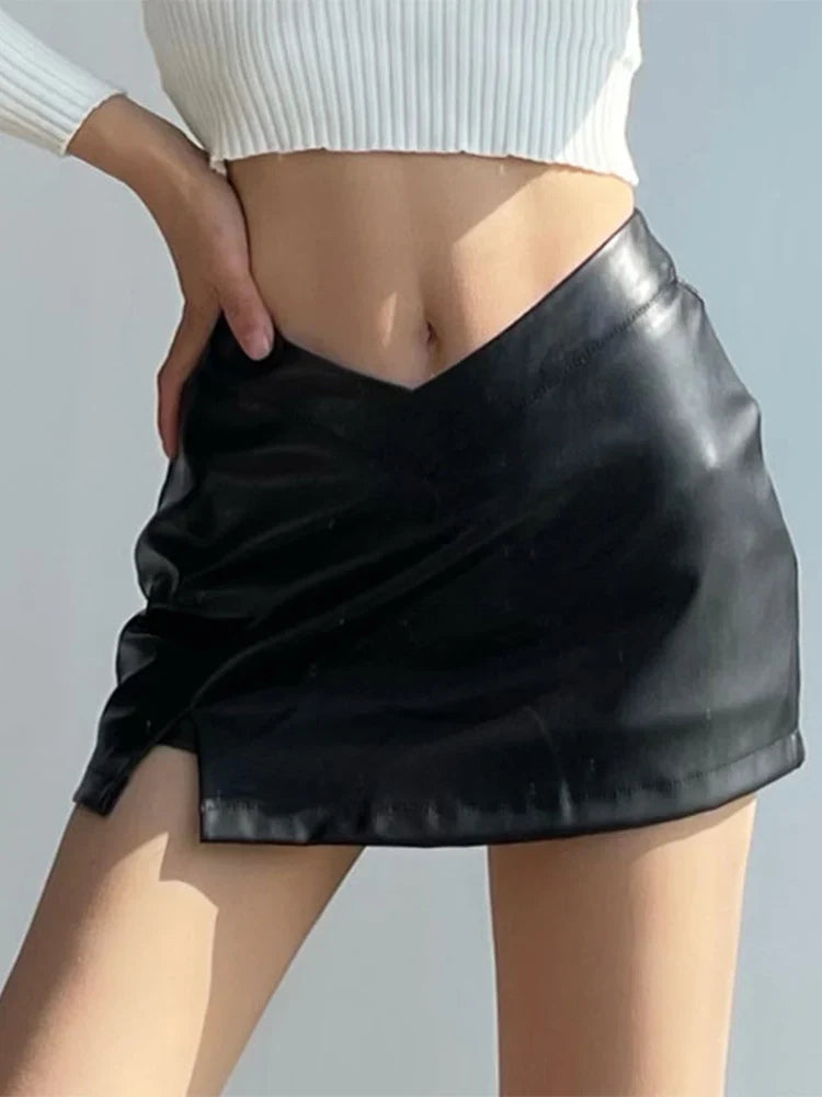 PU Leather Black Split Slim High Waisted A-line Mini Skirt