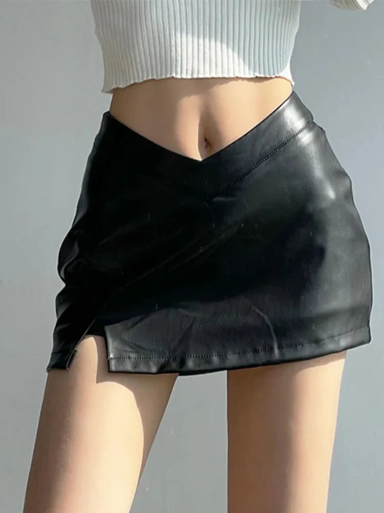 Vintage Black PU Leather A-line Mini Skirt