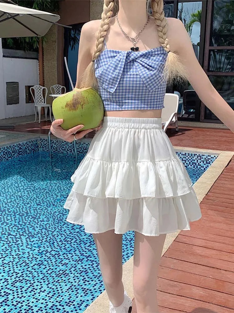 Pleated A-line White Ruffles Sweet Elastic Waist Summer Skirt