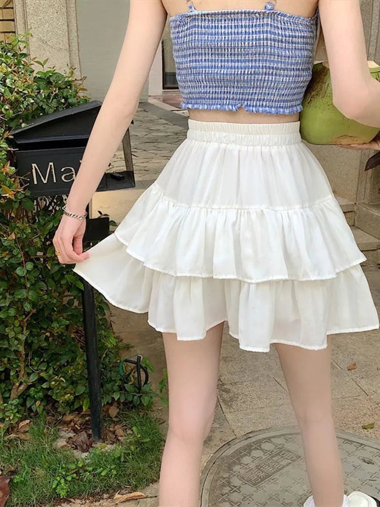 Pleated A-line White Ruffles Sweet Elastic Waist Summer Skirt