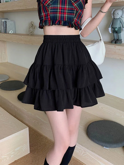 Pleated A-line White Ruffles Sweet Elastic Waist Summer Skirt