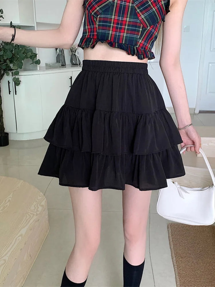 Pleated A-line White Ruffles Sweet Elastic Waist Summer Skirt