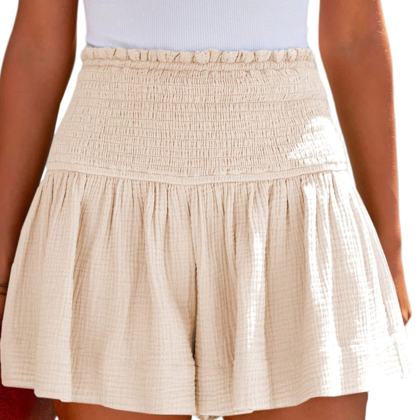Elastic Waist Cotton Pleated Ruffle Shorts