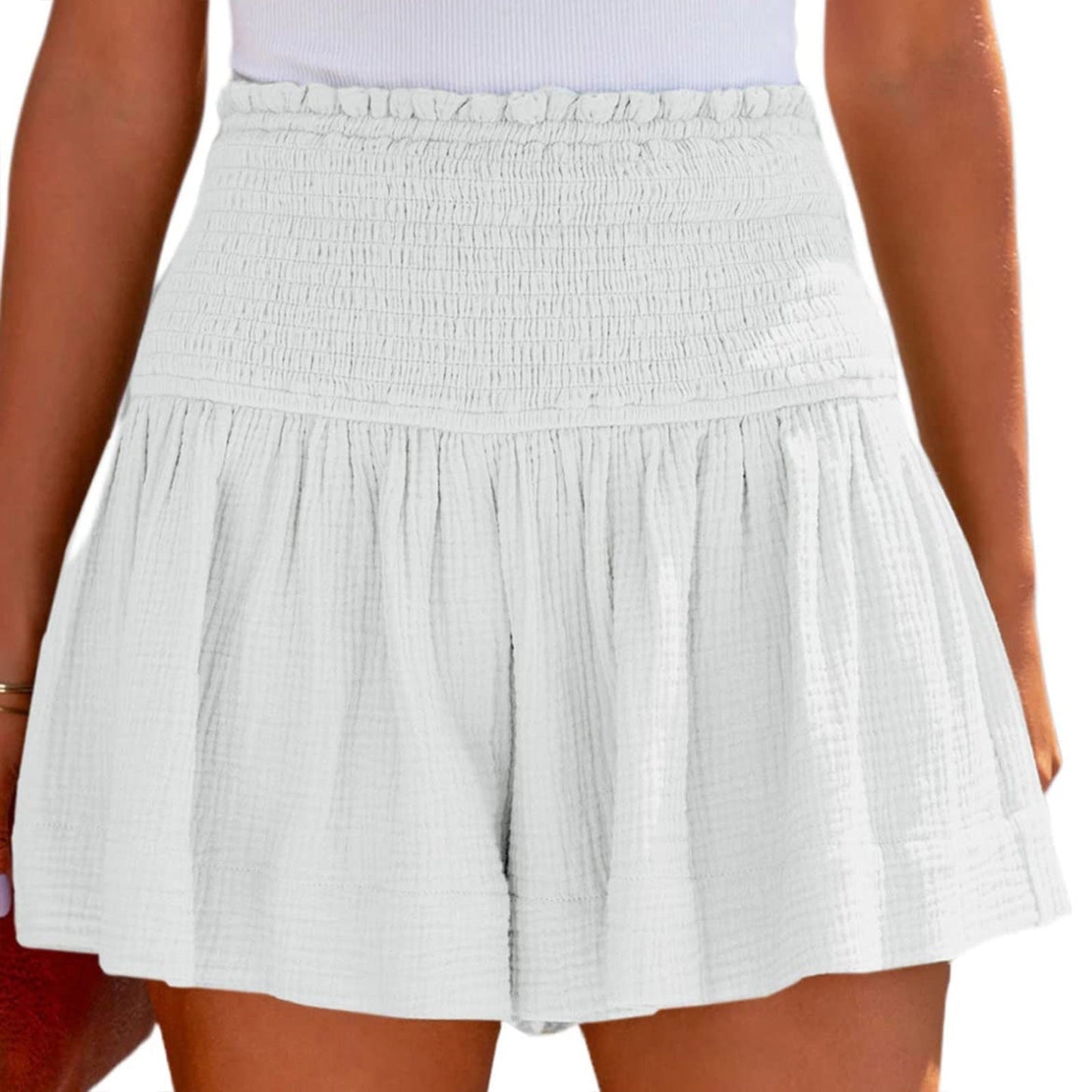 Elastic Waist Cotton Pleated Ruffle Shorts