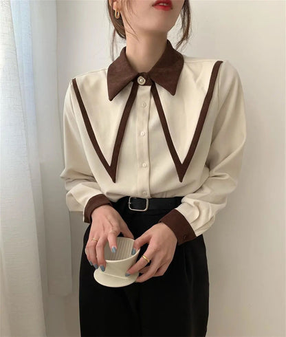 Sharp Ruffle Turn Down Collar Blouse Women Tops Korean Fashion Clothing