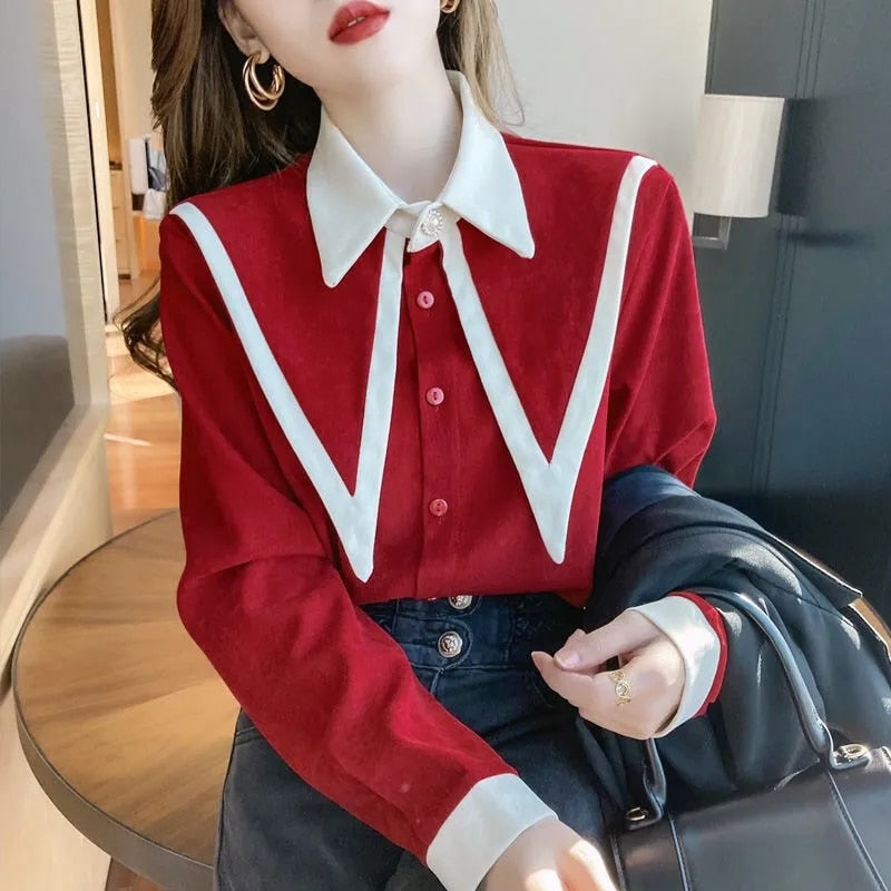 Sharp Ruffle Turn Down Collar Blouse Women Tops Korean Fashion Clothing