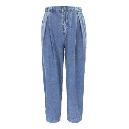 Women's Blue Mid Waist Transpants Loose Casual Denim Trousers