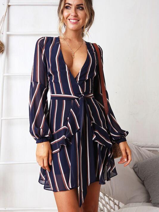 Retro Stripe Plunging Neck Ruffle Mini Dress