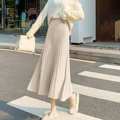 New Knitted Solid Color Pleated Long Skirt