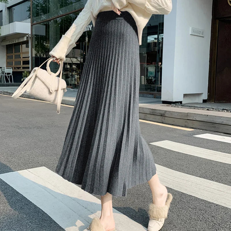 New Knitted Solid Color Pleated Long Skirt