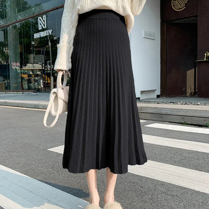 New Knitted Solid Color Pleated Long Skirt