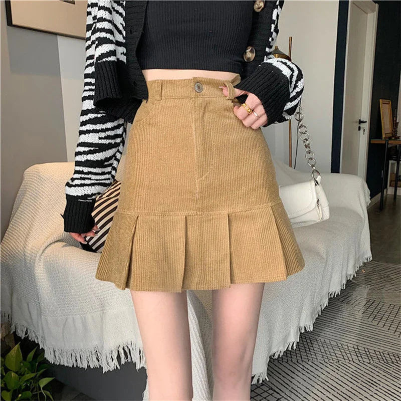 Black Khaki Corduroy Pleated High Waisted Skirt