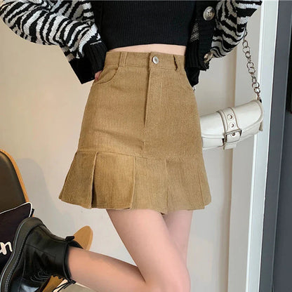 Black Khaki Corduroy Pleated High Waisted Skirt