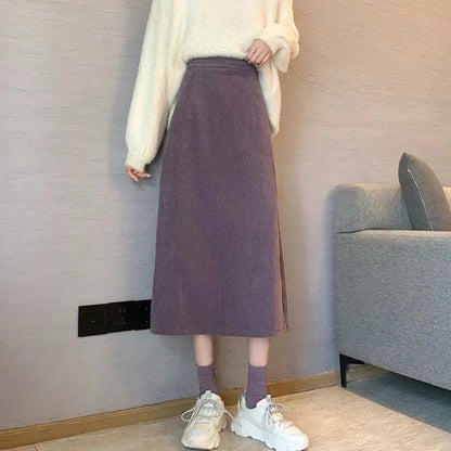 Elastic Waist Corduroy Back Split A-Line Midi Skirt