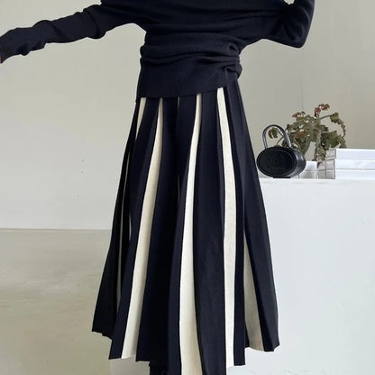 Fashion Striped Mixed Color Pleated Long Skirt