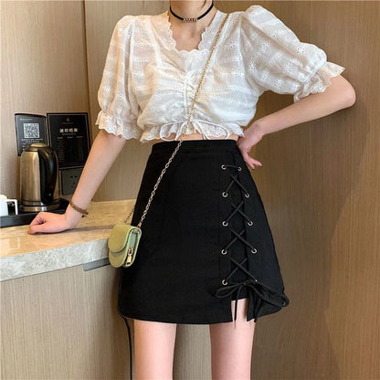 High Waist Lace Up Black A Line Mini Skirt