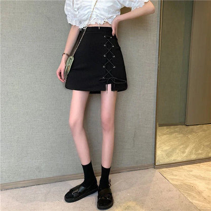 High Waist Lace Up Black A Line Mini Skirt