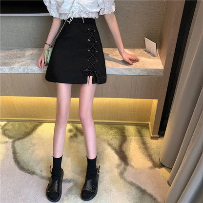 High Waist Lace Up Black A Line Mini Skirt