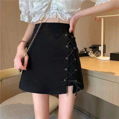 High Waist Lace Up Black A Line Mini Skirt