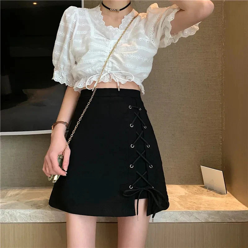 High Waist Lace Up Black A Line Mini Skirt