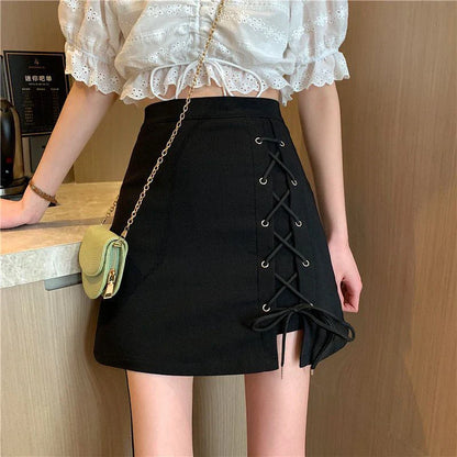 High Waist Lace Up Black A Line Mini Skirt