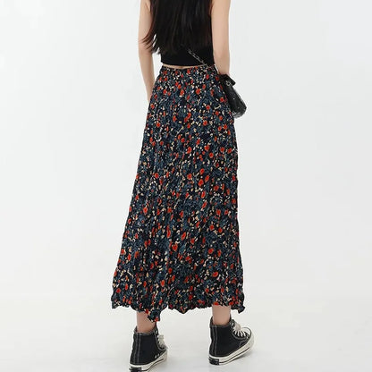 Korean Fashion Floral Print Elegant Long Skirt