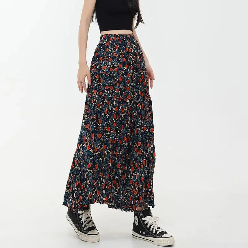 Korean Fashion Floral Print Elegant Long Skirt