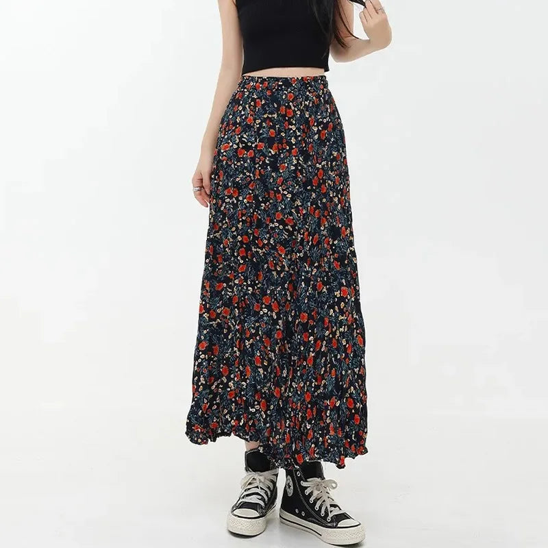 Korean Fashion Floral Print Elegant Long Skirt