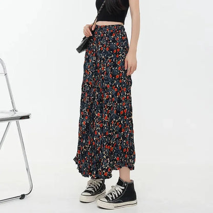 Korean Fashion Floral Print Elegant Long Skirt