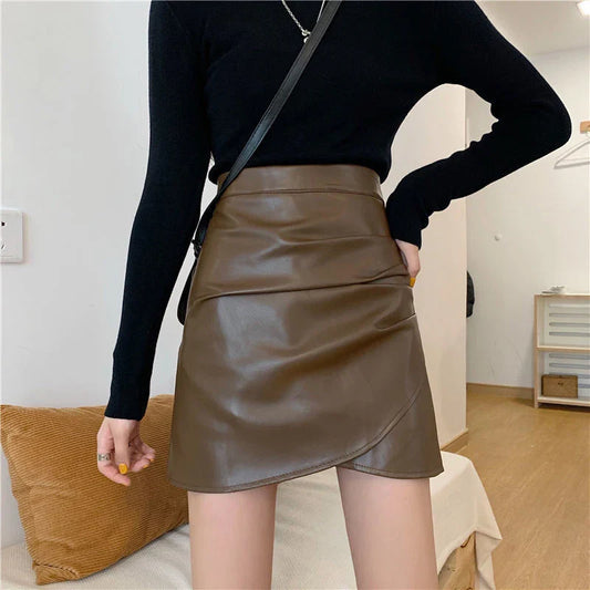 Pleated Pu Leather High Waist Irregular Skirt