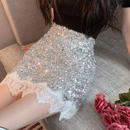 Sexy Silver Sequin Lace Patchwork Mini Skirt