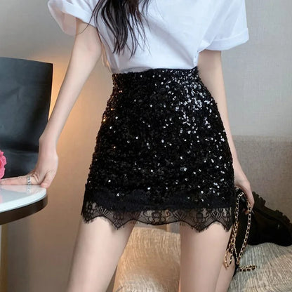 Sexy Silver Sequin Lace Patchwork Mini Skirt