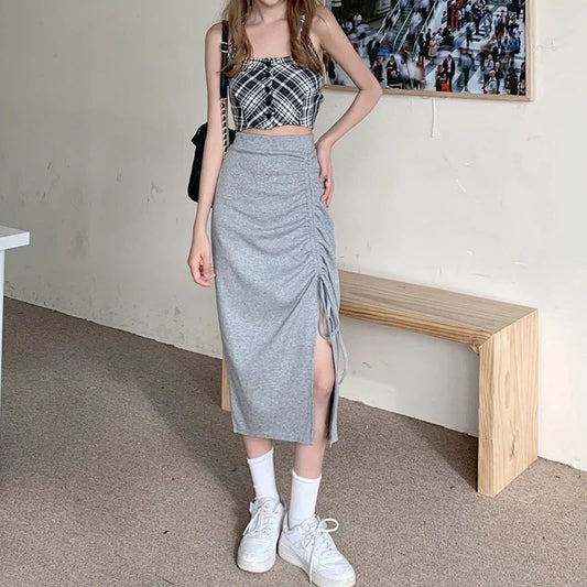 Solid Color Drawstring Side Split Streetwear Long Skirt