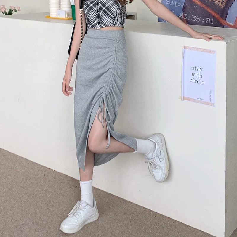 Solid Color Drawstring Side Split Streetwear Long Skirt