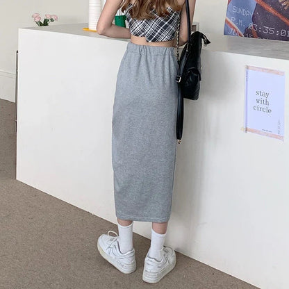 Solid Color Drawstring Side Split Streetwear Long Skirt